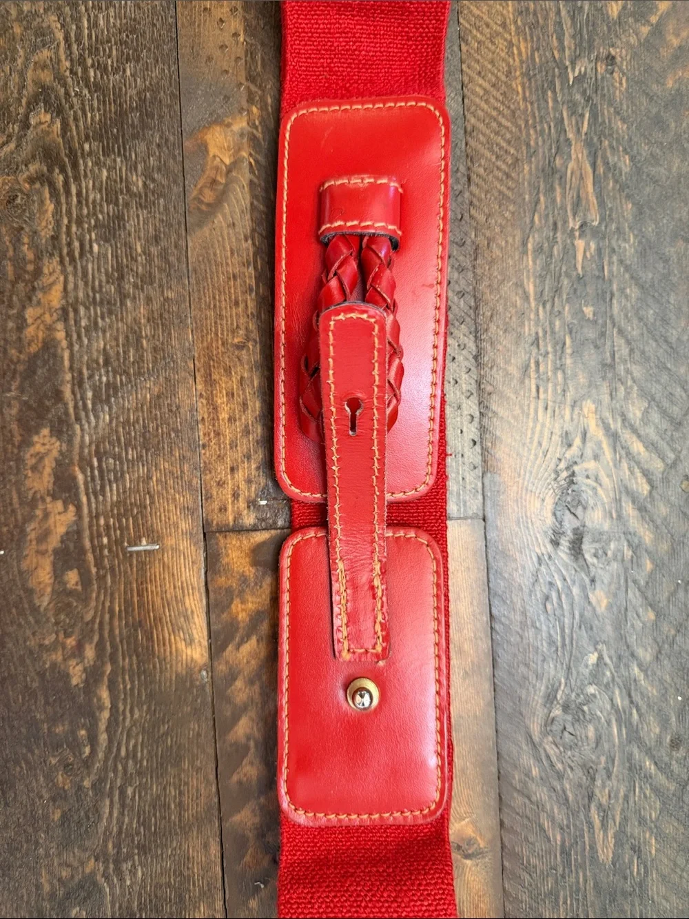 Vintage Calderon Red Leather Wide Elastic Stretch Cinch Belt Size M 1239